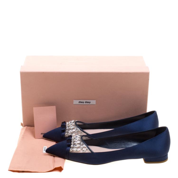 Pre Owned Miu Miu Blue Satin Jeweled Pointed Toe Ballet Flats Size 40.5
