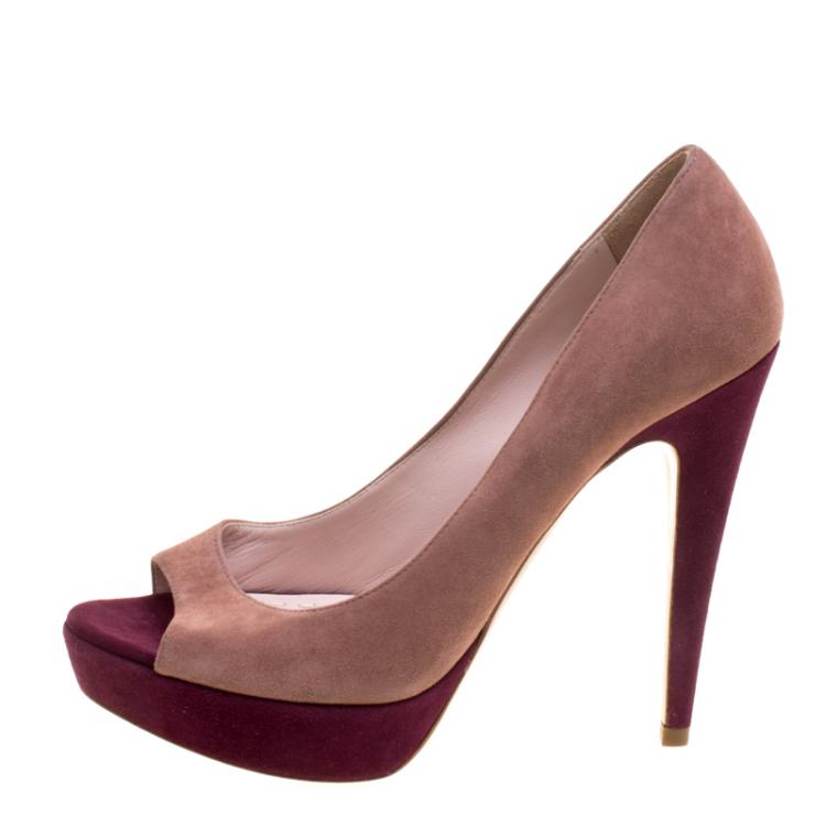 Pre Owned Miu Miu Two Tone Suede Peep Toe Platform Pumps Size 38.5