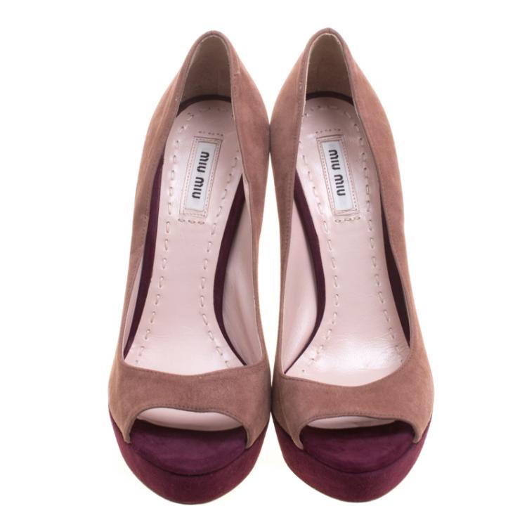 Pre Owned Miu Miu Two Tone Suede Peep Toe Platform Pumps Size 38.5