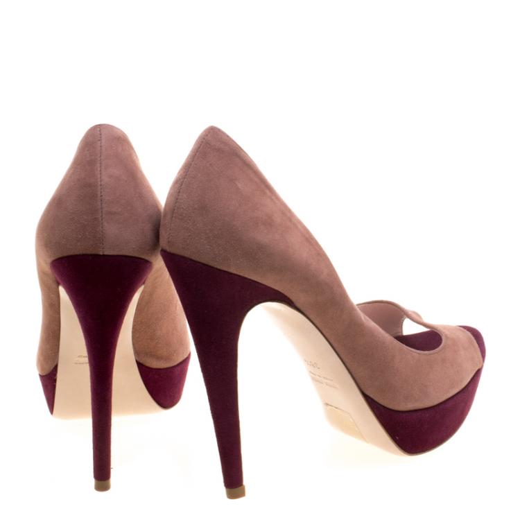 Pre Owned Miu Miu Two Tone Suede Peep Toe Platform Pumps Size 38.5