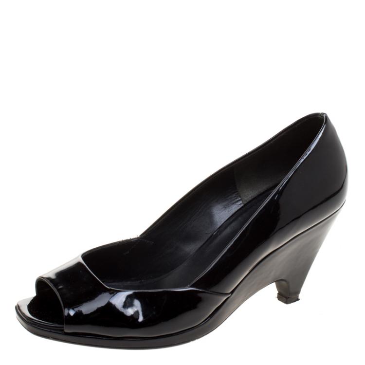 Pre Owned Miu Miu Black Patent Leather Peep Toe Wedge Pumps Size 39