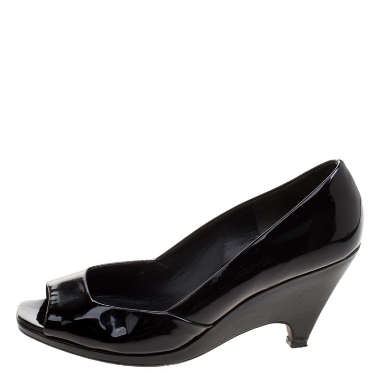 Pre Owned Miu Miu Black Patent Leather Peep Toe Wedge Pumps Size 39