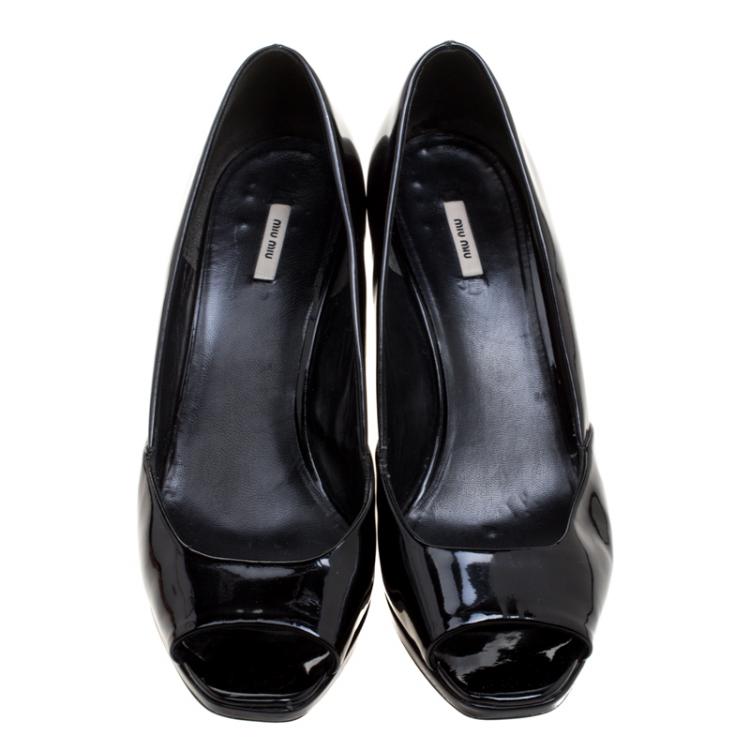 Pre Owned Miu Miu Black Patent Leather Peep Toe Wedge Pumps Size 39