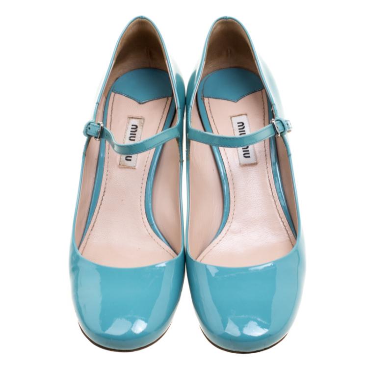 Pre Owned Miu Miu Blue Patent Leather Crystal Embellished Heel Mary Jane Pumps Size 37.5