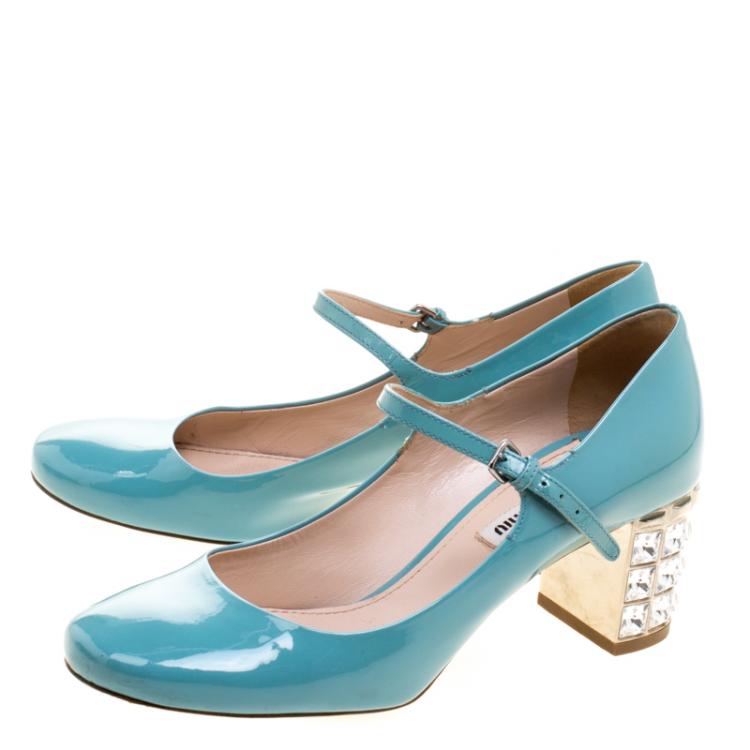 Pre Owned Miu Miu Blue Patent Leather Crystal Embellished Heel Mary Jane Pumps Size 37.5