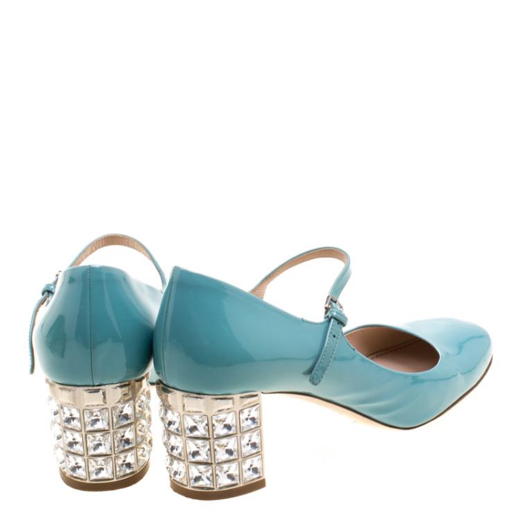 Pre Owned Miu Miu Blue Patent Leather Crystal Embellished Heel Mary Jane Pumps Size 37.5