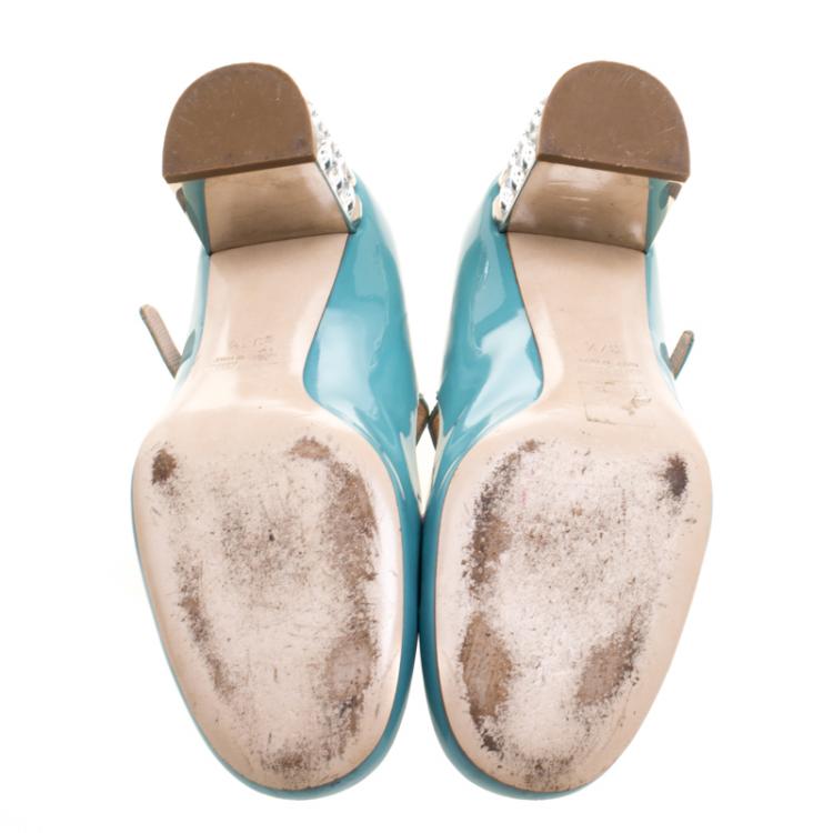 Pre Owned Miu Miu Blue Patent Leather Crystal Embellished Heel Mary Jane Pumps Size 37.5