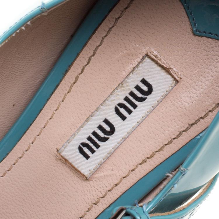 Pre Owned Miu Miu Blue Patent Leather Crystal Embellished Heel Mary Jane Pumps Size 37.5