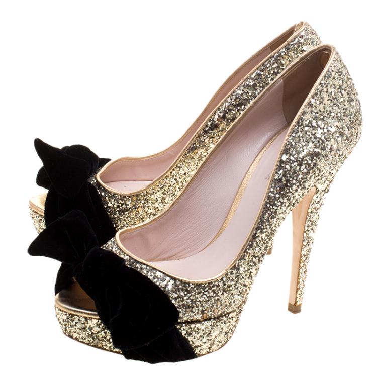 Pre Owned Miu Miu Gold Glitter Velvet Bow Peep Toe Platform Pumps Size 36.5