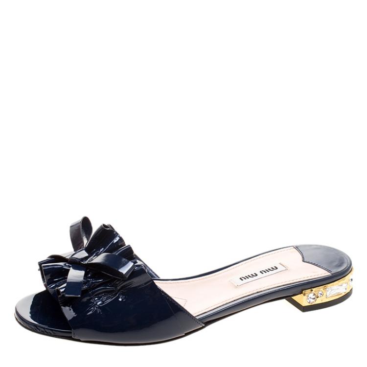 Pre Owned Miu Miu Navy Blue Patent Leather Crystal Embellished Slides Size 37