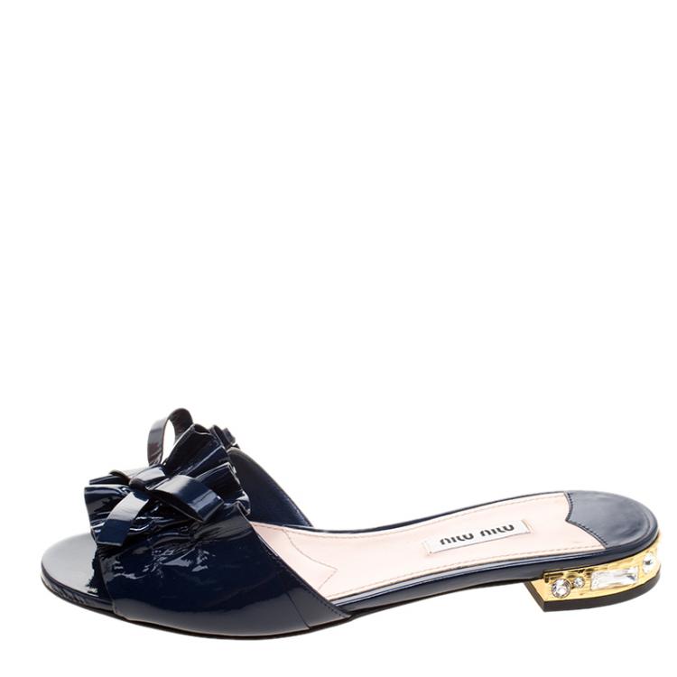 Pre Owned Miu Miu Navy Blue Patent Leather Crystal Embellished Slides Size 37