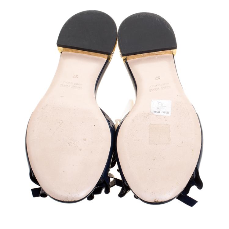 Pre Owned Miu Miu Navy Blue Patent Leather Crystal Embellished Slides Size 37