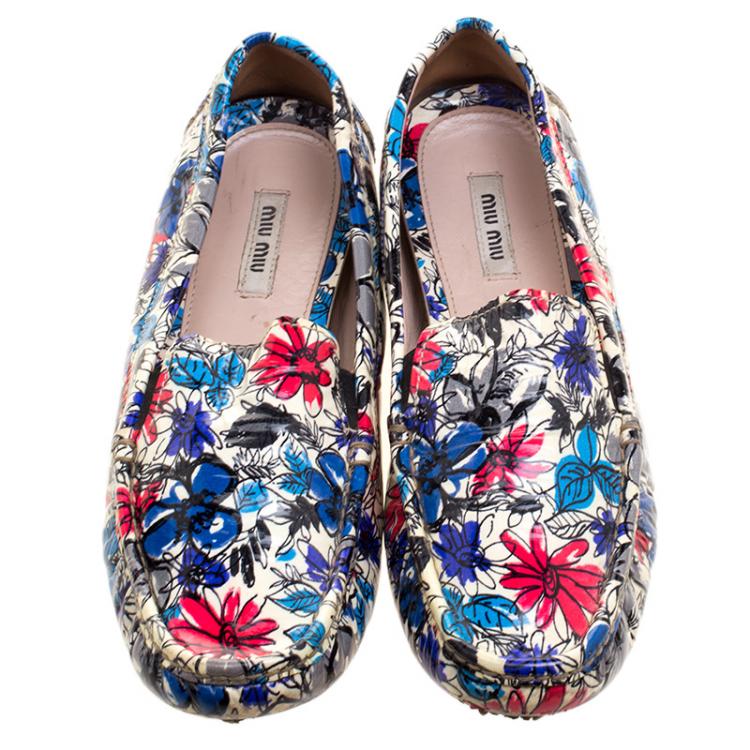 Pre Owned Miu Miu Multicolor Floral Printed Patent Leather Loafers Size 40