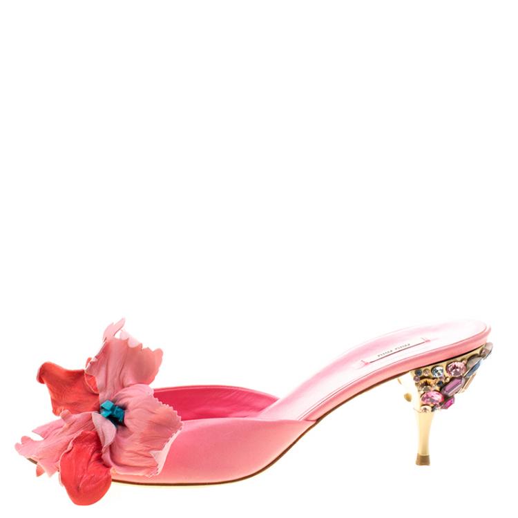 Pre Owned Miu Miu Pink Leather Crystal Embellished Heel Slides Size 38