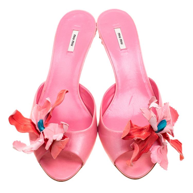 Pre Owned Miu Miu Pink Leather Crystal Embellished Heel Slides Size 38