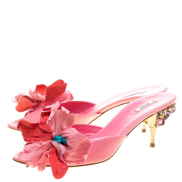 Pre Owned Miu Miu Pink Leather Crystal Embellished Heel Slides Size 38