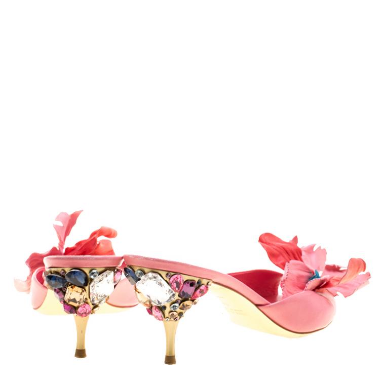 Pre Owned Miu Miu Pink Leather Crystal Embellished Heel Slides Size 38