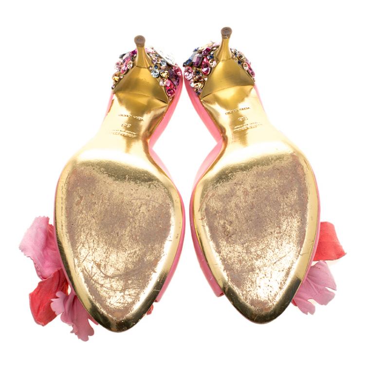 Pre Owned Miu Miu Pink Leather Crystal Embellished Heel Slides Size 38