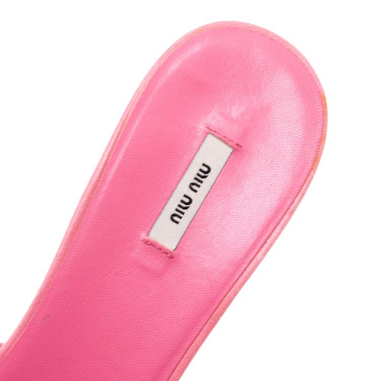 Pre Owned Miu Miu Pink Leather Crystal Embellished Heel Slides Size 38