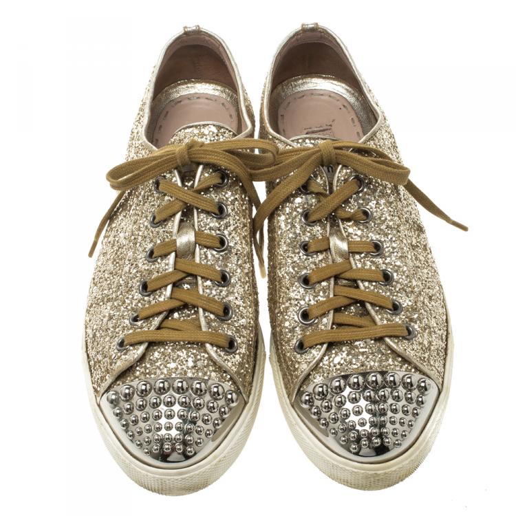 Pre Owned Miu Miu Metallic Gold Glitter Studded Cap Toe Lace Up Sneakers Size 39