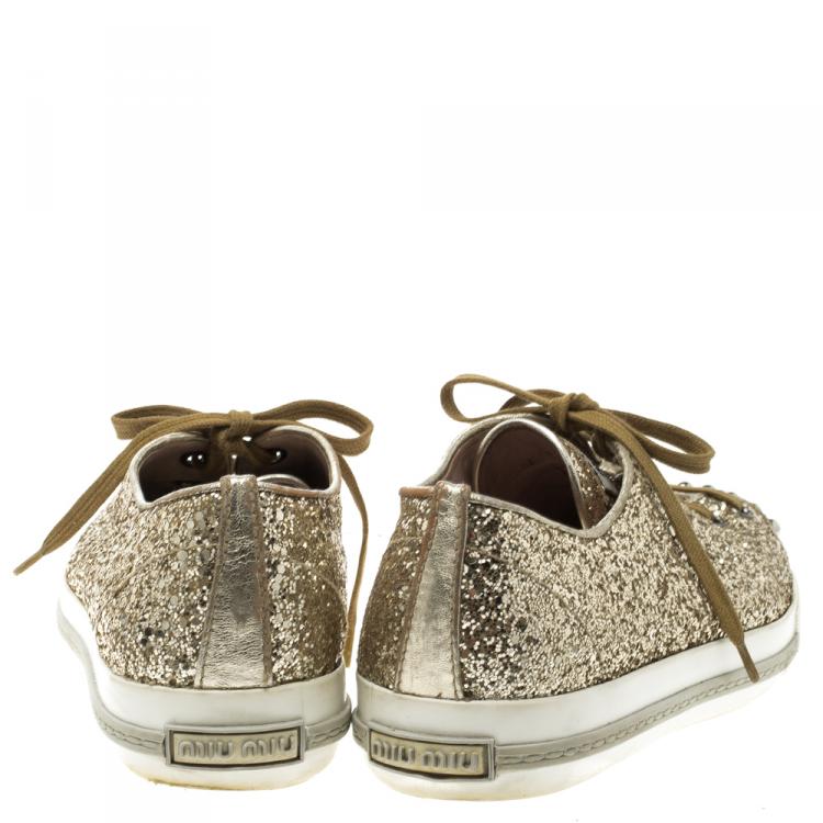 Pre Owned Miu Miu Metallic Gold Glitter Studded Cap Toe Lace Up Sneakers Size 39