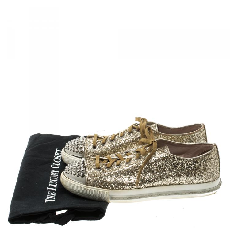 Pre Owned Miu Miu Metallic Gold Glitter Studded Cap Toe Lace Up Sneakers Size 39
