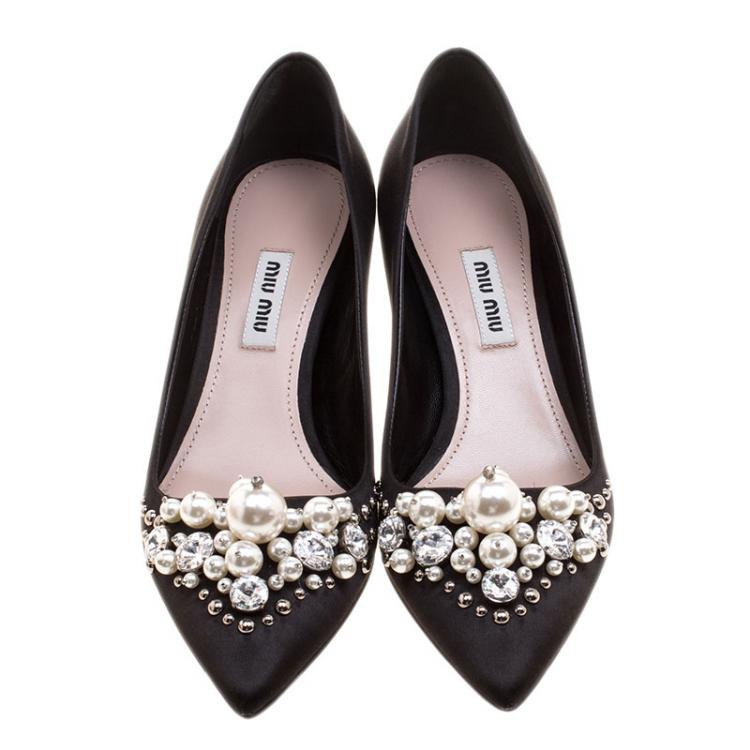 Pre Owned Miu Miu Black Satin Crystal and Pearl Embellished Pointed Toe Pumps Size 36