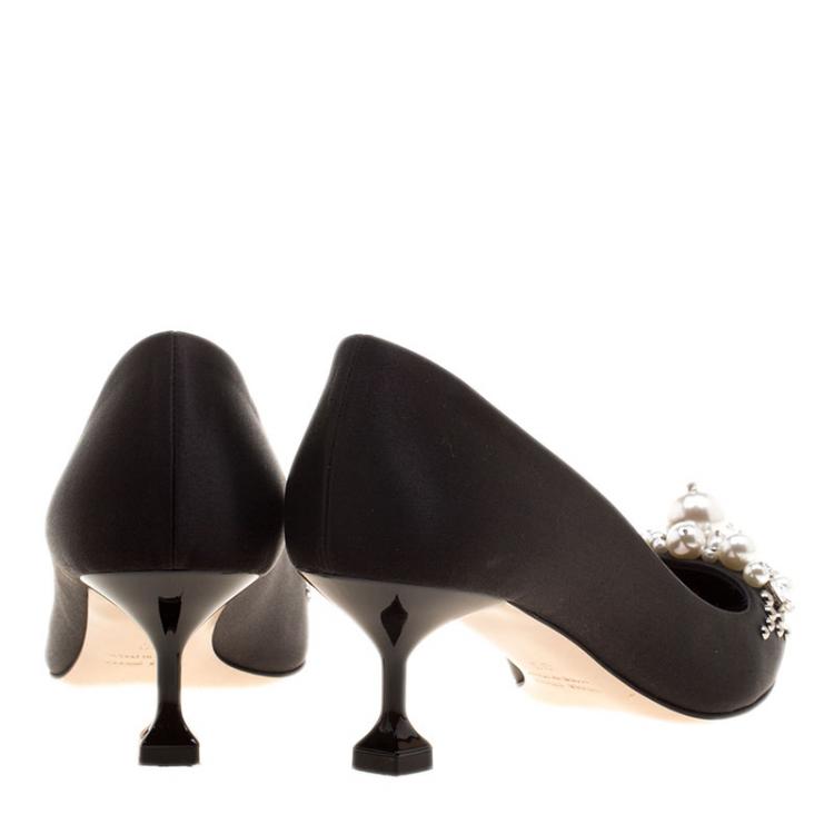 Pre Owned Miu Miu Black Satin Crystal and Pearl Embellished Pointed Toe Pumps Size 36