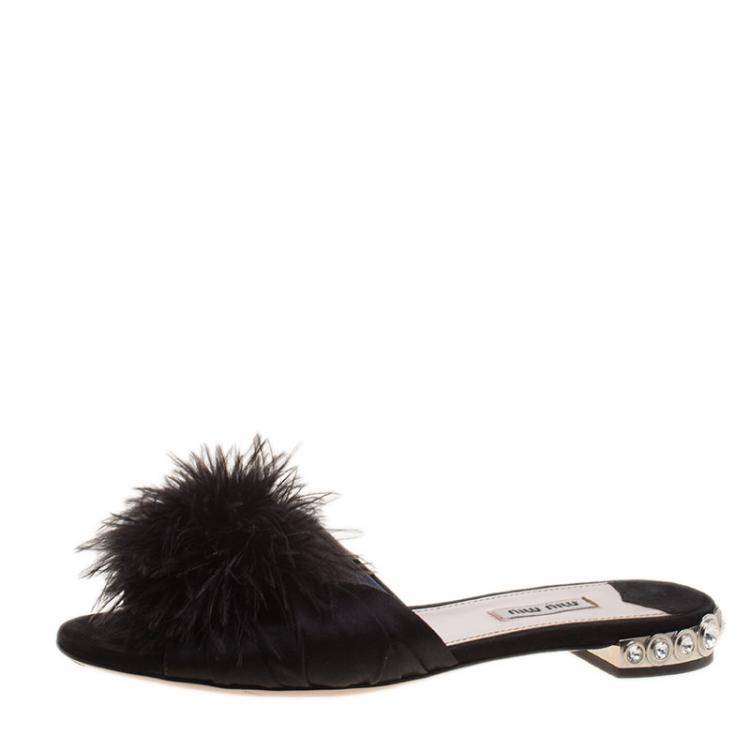Pre Owned Miu Miu Black Satin with Ostrich Feathers Crystal Embellished Heel Flat Slides Size 38.5