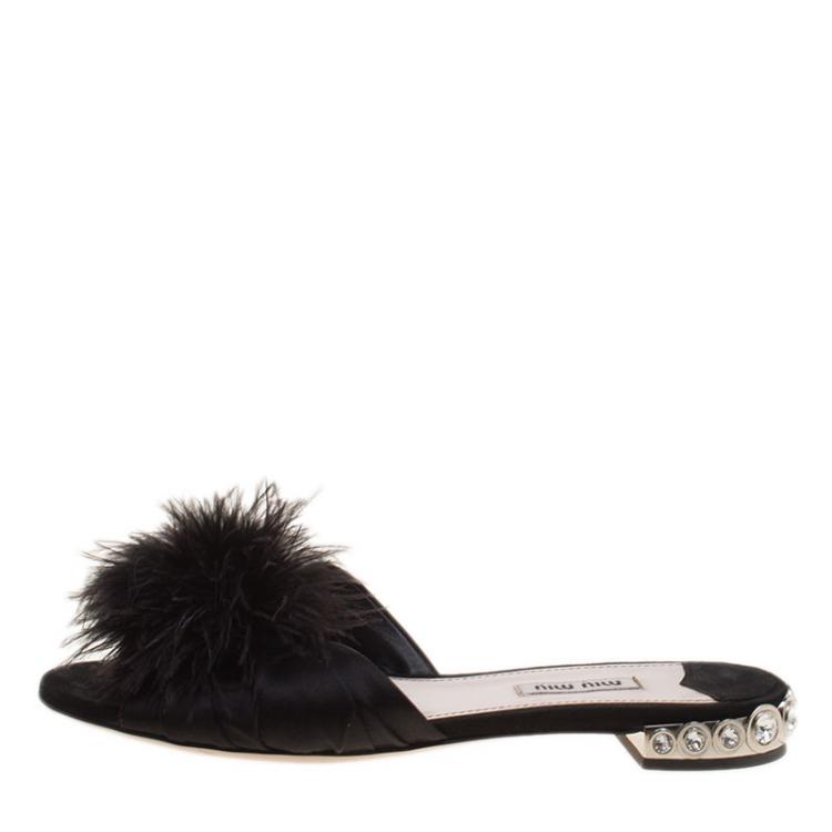 Pre Owned Miu Miu Black Satin with Ostrich Feathers Crystal Embellished Heel Flat Slides Size 38.5