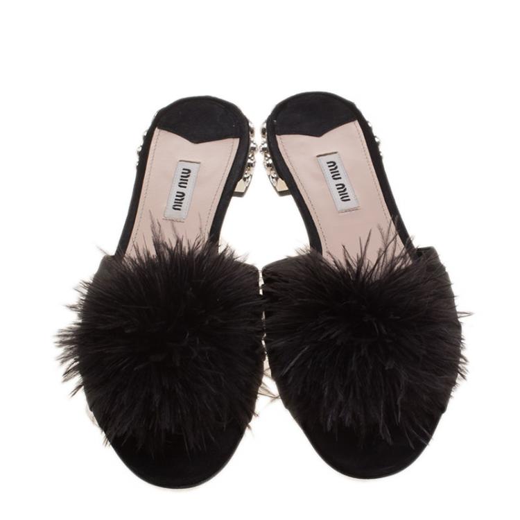 Pre Owned Miu Miu Black Satin with Ostrich Feathers Crystal Embellished Heel Flat Slides Size 38.5