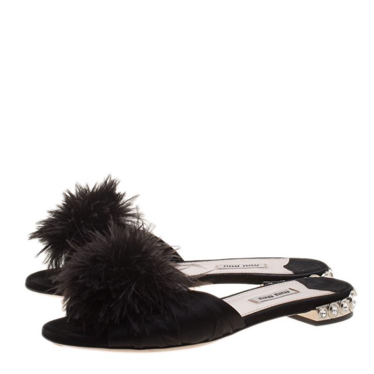 Pre Owned Miu Miu Black Satin with Ostrich Feathers Crystal Embellished Heel Flat Slides Size 38.5