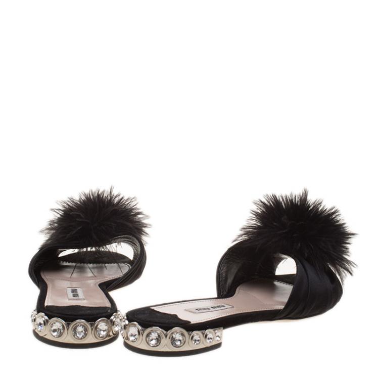 Pre Owned Miu Miu Black Satin with Ostrich Feathers Crystal Embellished Heel Flat Slides Size 38.5