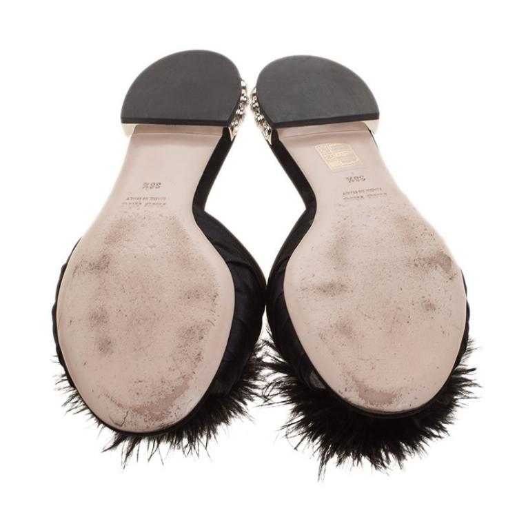 Pre Owned Miu Miu Black Satin with Ostrich Feathers Crystal Embellished Heel Flat Slides Size 38.5