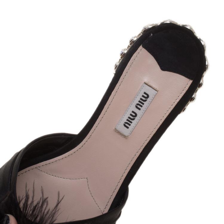 Pre Owned Miu Miu Black Satin with Ostrich Feathers Crystal Embellished Heel Flat Slides Size 38.5