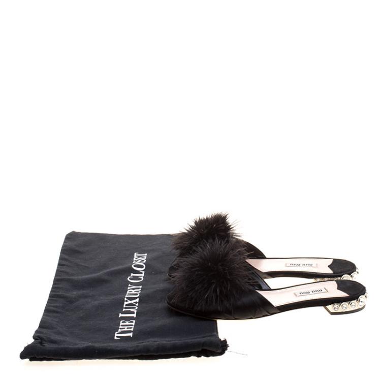 Pre Owned Miu Miu Black Satin with Ostrich Feathers Crystal Embellished Heel Flat Slides Size 38.5