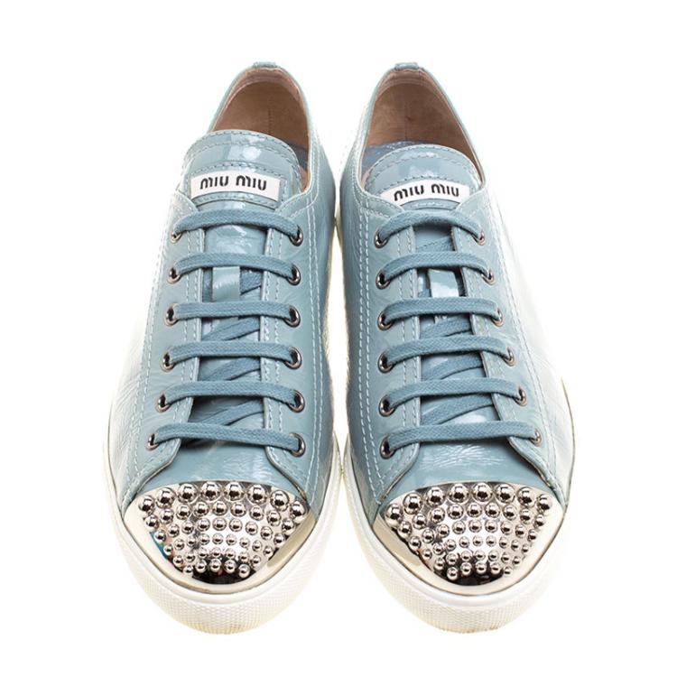 Pre Owned Miu Miu Teal Patent Leather Studded Metal Cap Toe Lace Up Sneakers Size 40
