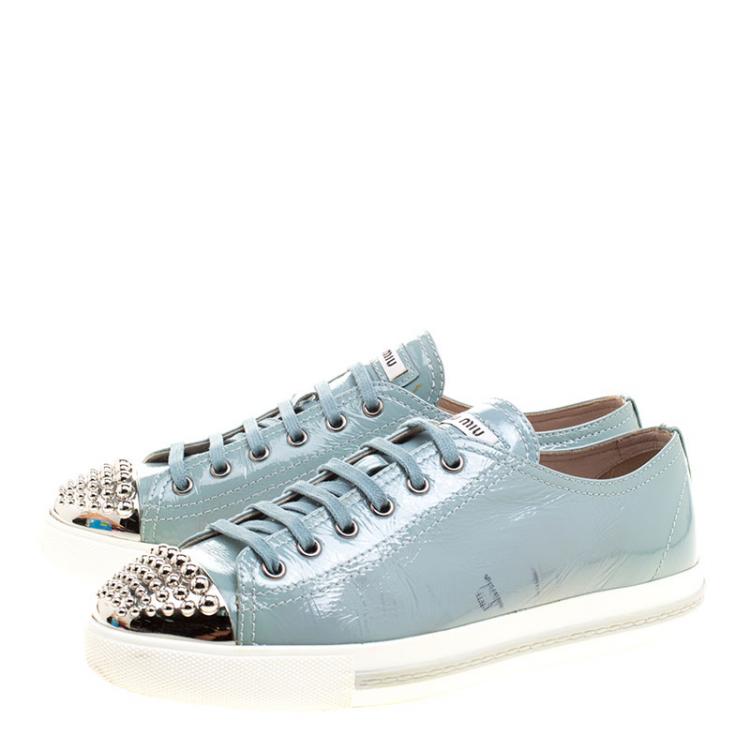 Pre Owned Miu Miu Teal Patent Leather Studded Metal Cap Toe Lace Up Sneakers Size 40