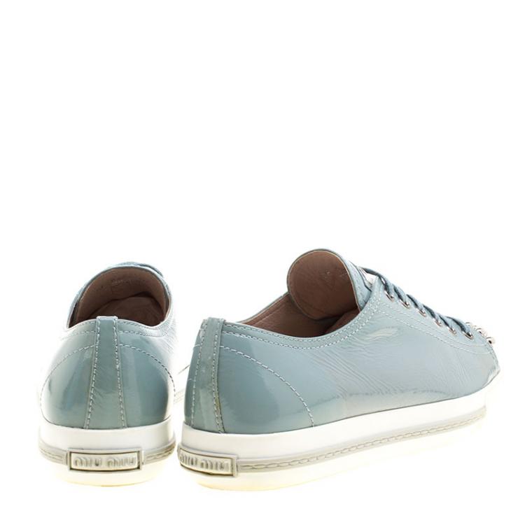 Pre Owned Miu Miu Teal Patent Leather Studded Metal Cap Toe Lace Up Sneakers Size 40