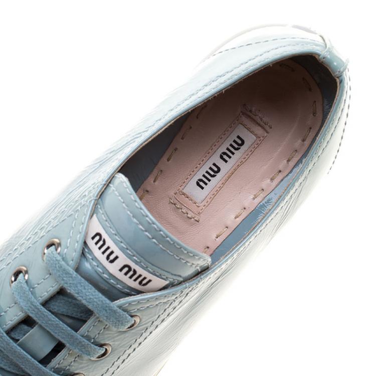 Pre Owned Miu Miu Teal Patent Leather Studded Metal Cap Toe Lace Up Sneakers Size 40