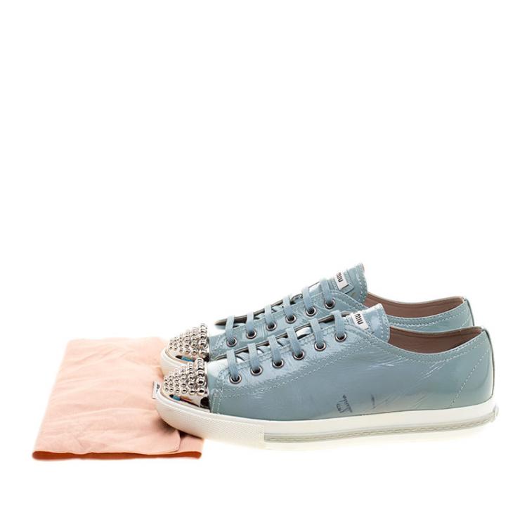 Pre Owned Miu Miu Teal Patent Leather Studded Metal Cap Toe Lace Up Sneakers Size 40