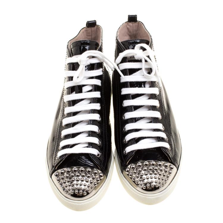 Pre Owned Miu Miu Black Patent Leather Studded Metal Cap Toe High Top Sneakers Size 39