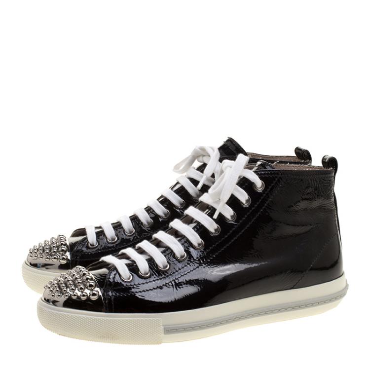 Pre Owned Miu Miu Black Patent Leather Studded Metal Cap Toe High Top Sneakers Size 39