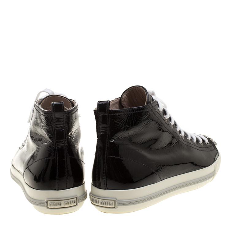 Pre Owned Miu Miu Black Patent Leather Studded Metal Cap Toe High Top Sneakers Size 39
