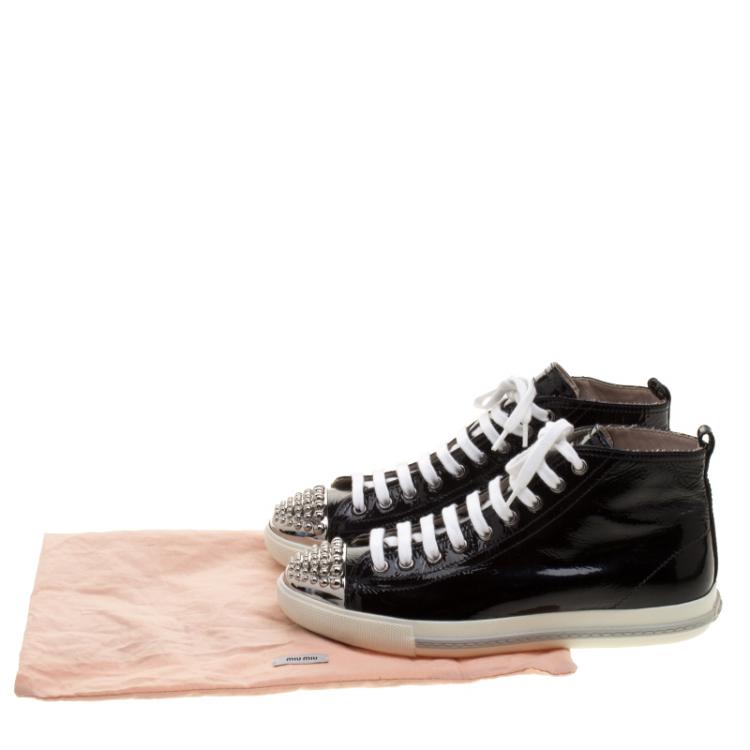 Pre Owned Miu Miu Black Patent Leather Studded Metal Cap Toe High Top Sneakers Size 39