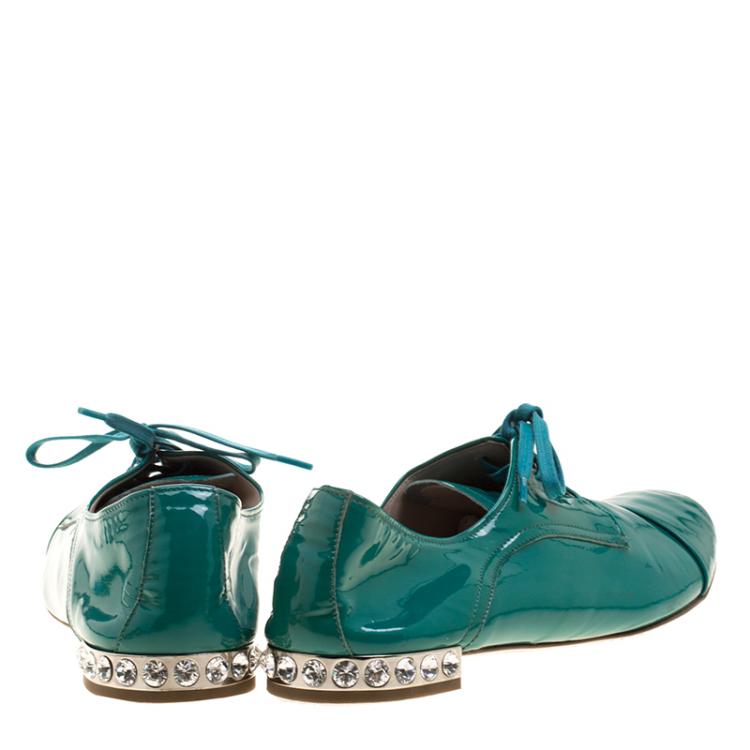 Pre Owned Miu Miu Aquamarine Patent Leather Crystal Heel Lace Up Derby Size 38.5