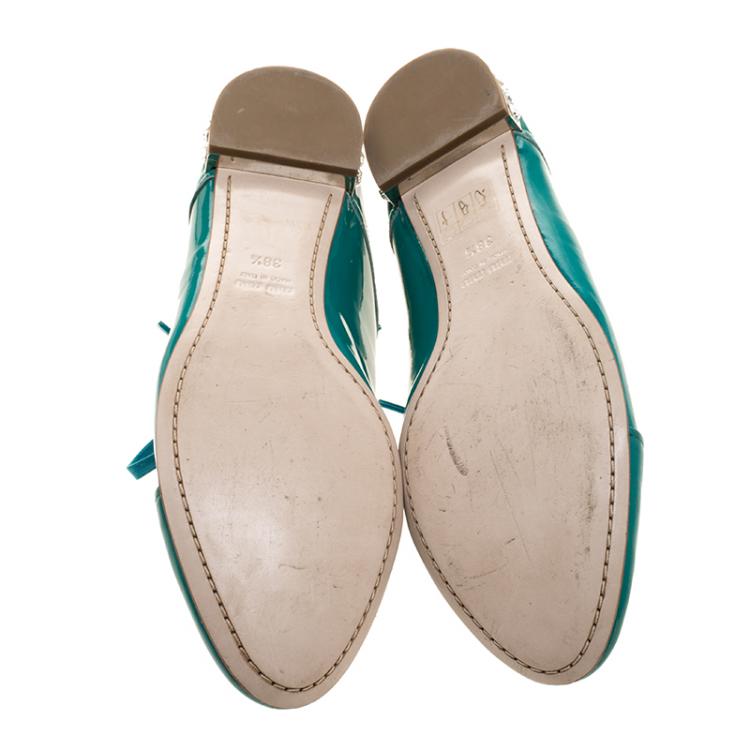 Pre Owned Miu Miu Aquamarine Patent Leather Crystal Heel Lace Up Derby Size 38.5