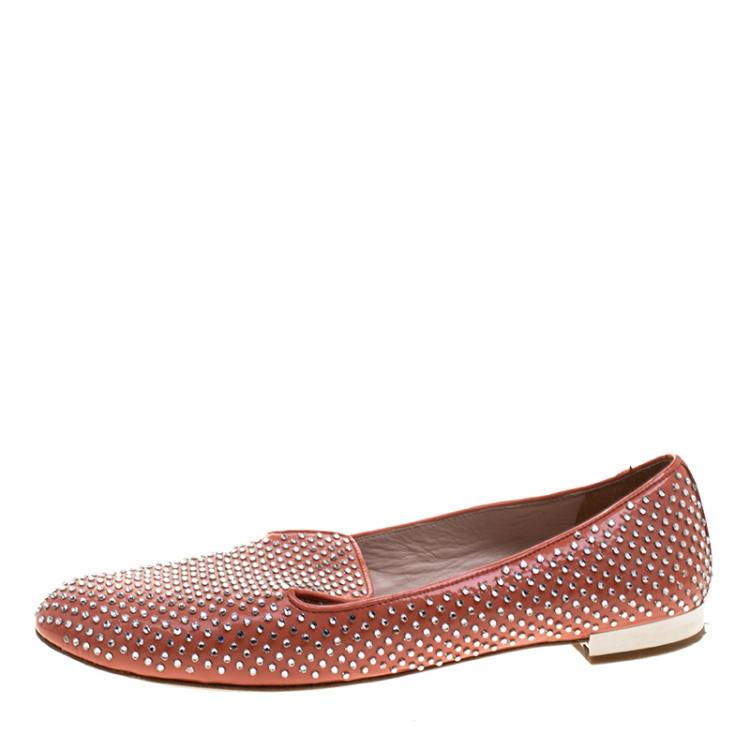 Pre Owned Miu Miu Coral Orange Crystal Studded Patent Leather Smoking Slippers Size 38.5