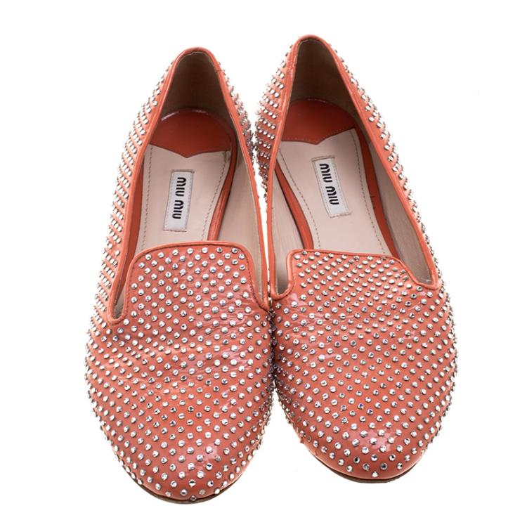 Pre Owned Miu Miu Coral Orange Crystal Studded Patent Leather Smoking Slippers Size 38.5