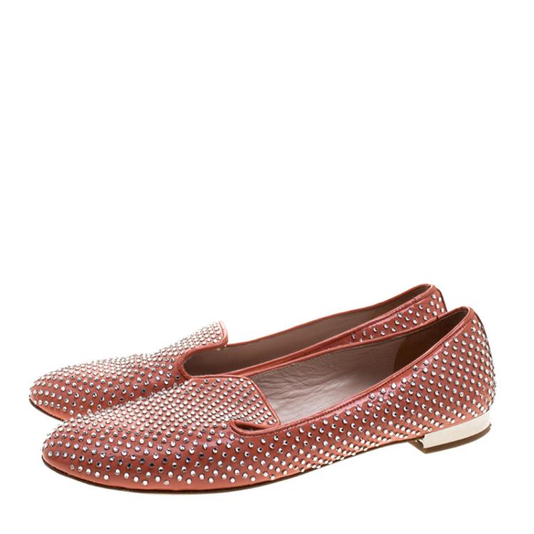 Pre Owned Miu Miu Coral Orange Crystal Studded Patent Leather Smoking Slippers Size 38.5